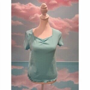 SO Ribbed Knit Top Womens XL Teal Green Short Sleeve Ruched Scoop Neck